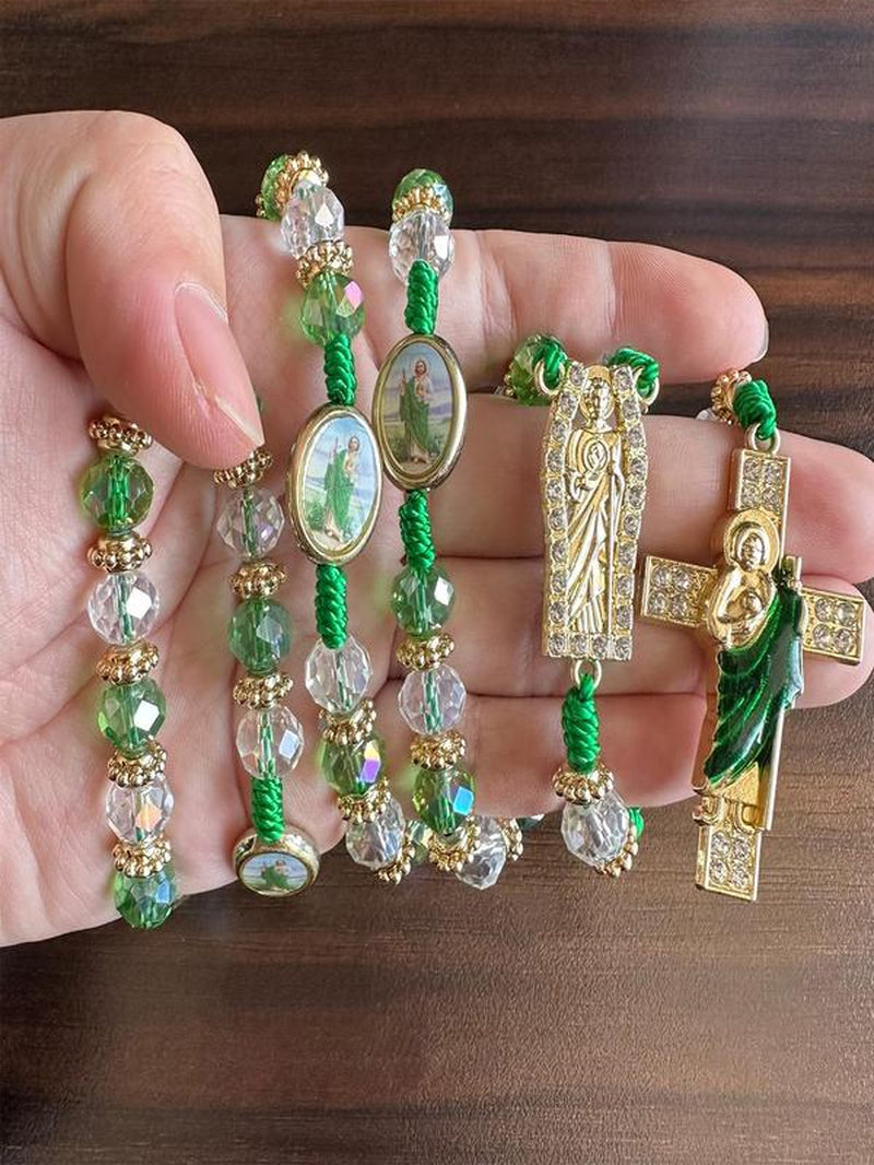 Rosary Saint Jude Virgin Mary Green Crystal Beads Catholic Necklace Cross Pendant Protection Blessing Charm Catholic Handmade Jewelry Gift Charms Car Hanging Charm Christmas Halloween Gift for Men Women