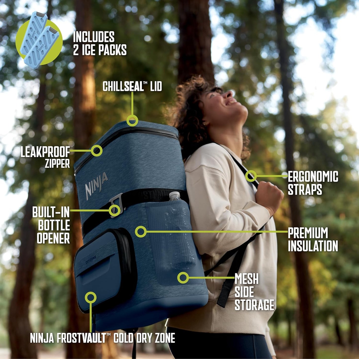 | Backpack Cooler | Frostvault Go Can Soft Cooler | Leakproof Zipper with Built in Can Opener, 2 Ice Packs & Dry Storage Drawer | for Hiking, Camping & More | 24/36 Can