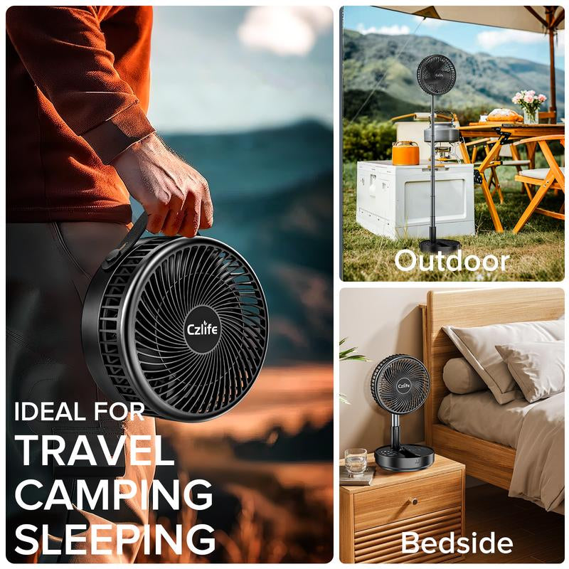Czlife F9 Portable Fan, 10000Mah Rechargeable Battery Powered Travel Fan for Sleeping Camping Bedroom Outdoor, Cordless Floor Desk Fan, Oscillating Folding USB Fan with Remote,New Arrival, 4 Speed, Timer, 7.7"