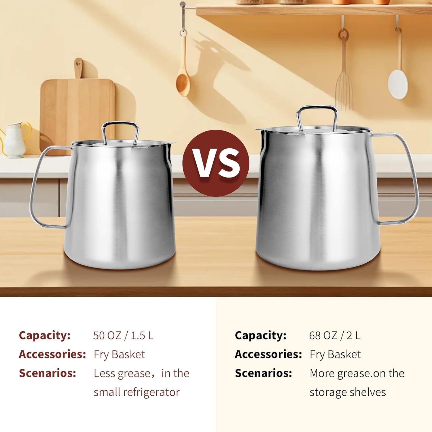 68Oz 304 Stainless Steel Oil Filter Pot Large Capacity Versatile Oil Filter Vessel Heavy Duty Stainless Steel Bacon Grease Container Multi-Function Frying Net Tank for Kitchen Camping (68Oz/2L)