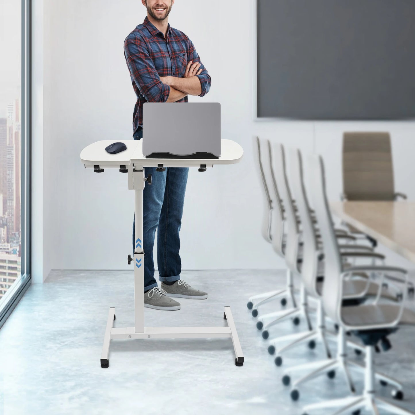 Height Adjustable White Computer Desk Stand with Wheels Adjustable Rolling Laptop Table Suitable for Bedroom, Living Room, Study