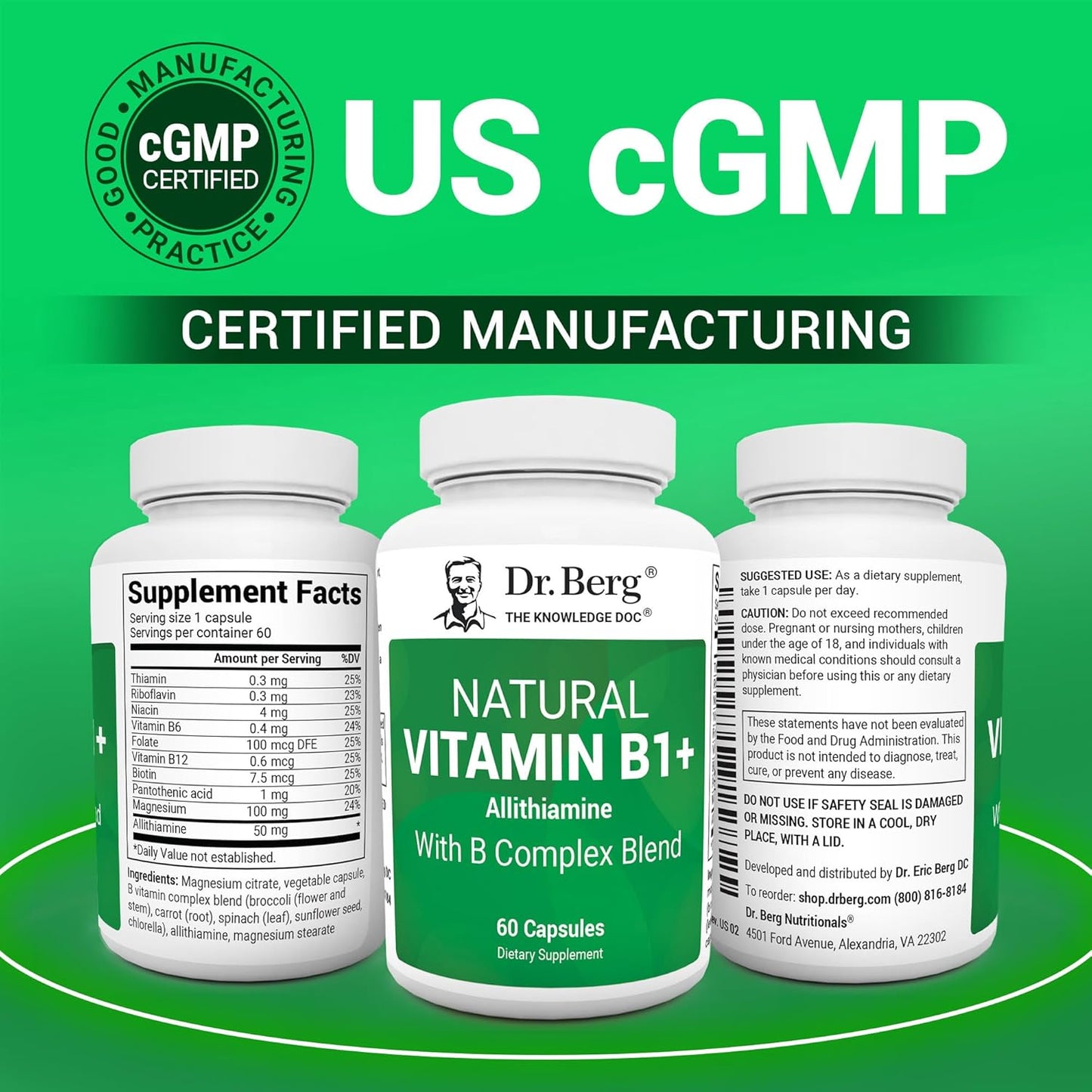 Dr. Berg Natural Vitamin B1 B6 B12 Complex - Allithiamine Vitamin B1 Supplement with 8 Essential Vitamin B Complex for Men & Women Including Thiamin, Niacin, Folate, Magnesium & More - 60 Capsules