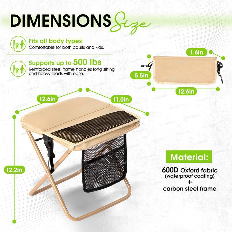 Portable Outdoor Folding Chair with Shoulder Strap, 1.5 Lbs Ultra Light, Max Load Capacity 500Lbs, Two Side Pockets & Velcro Storage, for Queuing, Fishing, Hiking Tours, BBQ, Parties, Elderly, Camping Equipment, Camping Supplies, Camping Chairs