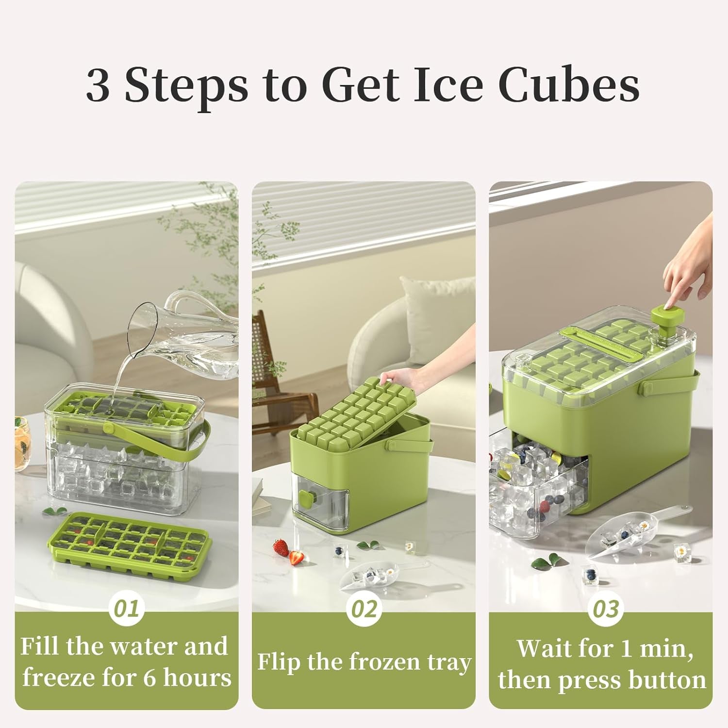 Compact Ice Cube Tray with Lid and Bin, with 2 round Ice Ball Molds, Bpa-Free, Easy Push-Release(Green)