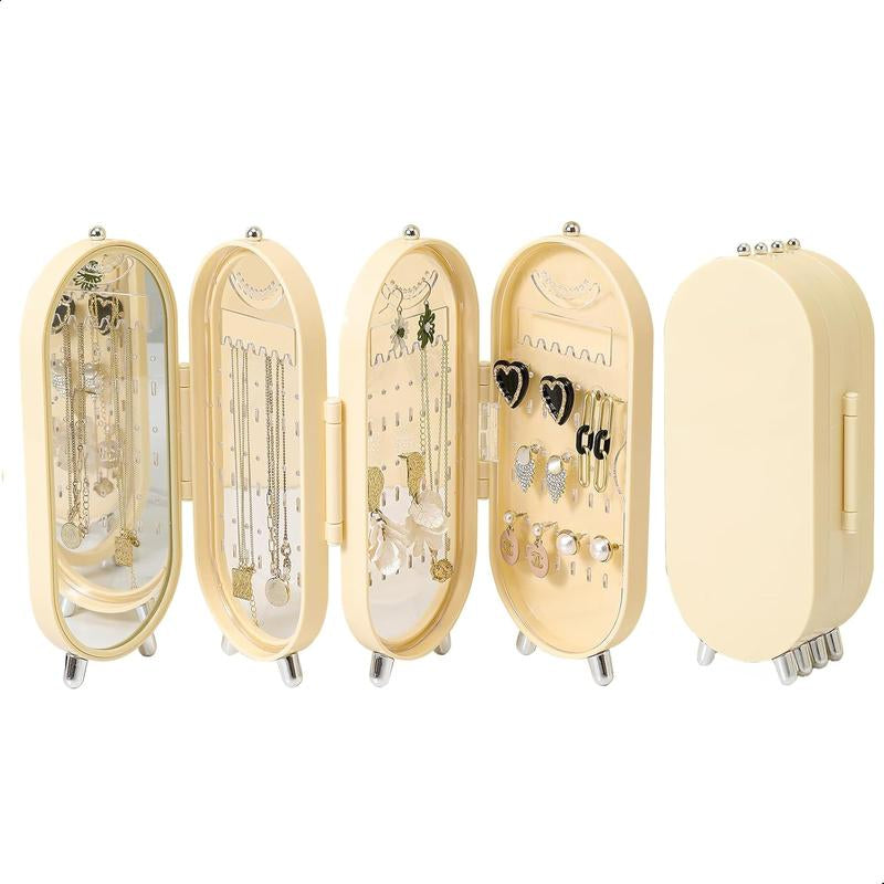 Green Foldable Jewelry Organizer with Mirror, 4-Tier Dustproof Display Box for Earrings and Necklaces, Features 153 Slots