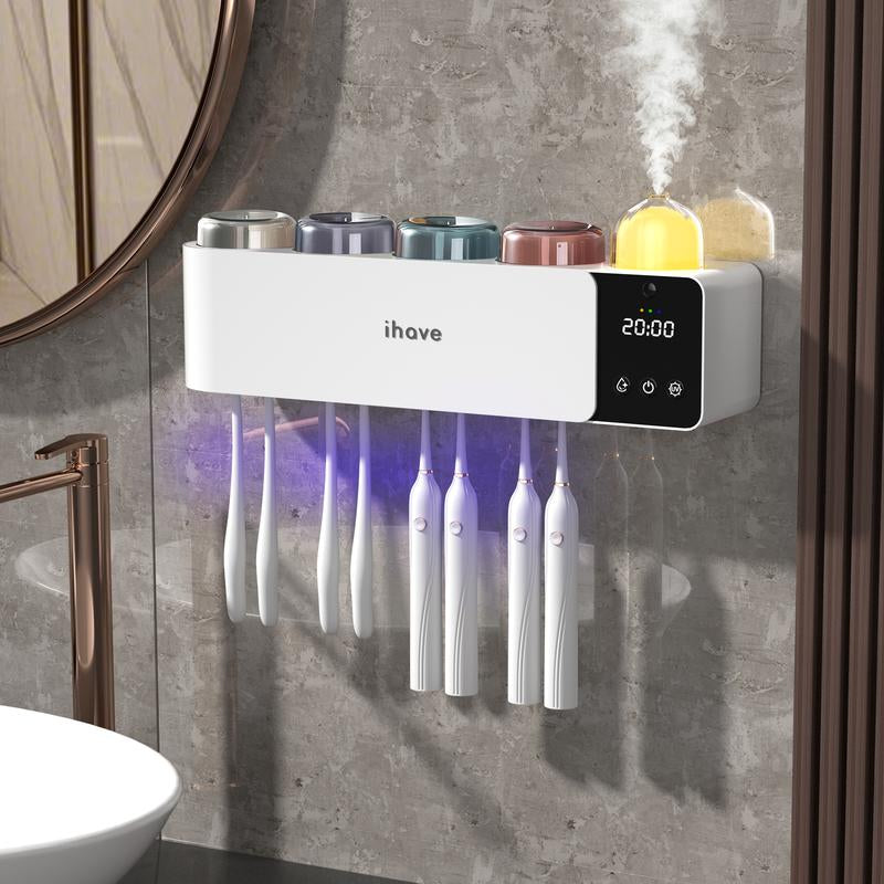 Ihave Toothbrush Holders with UV Toothbrush Sanitizer & Aromatherapy Diffuser - Turbo Air Heated Drying, Night Light & Clock - Wall-Mounted Bathroom Organizer , Stylish Decor & Storage