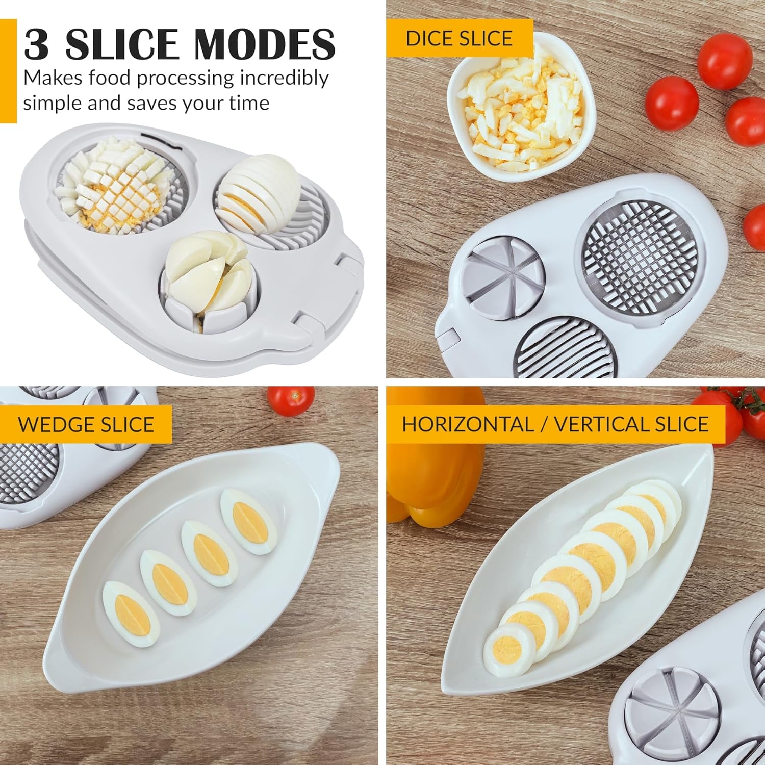 Egg Slicer for Hard Boiled Eggs - 3 Slice Modes Egg Cutter, Heavy Duty, Stainless Steel Dicer - Kitchen Chopper Tool for Strawberry, Mushroom, Grape, Cherry Tomato - White