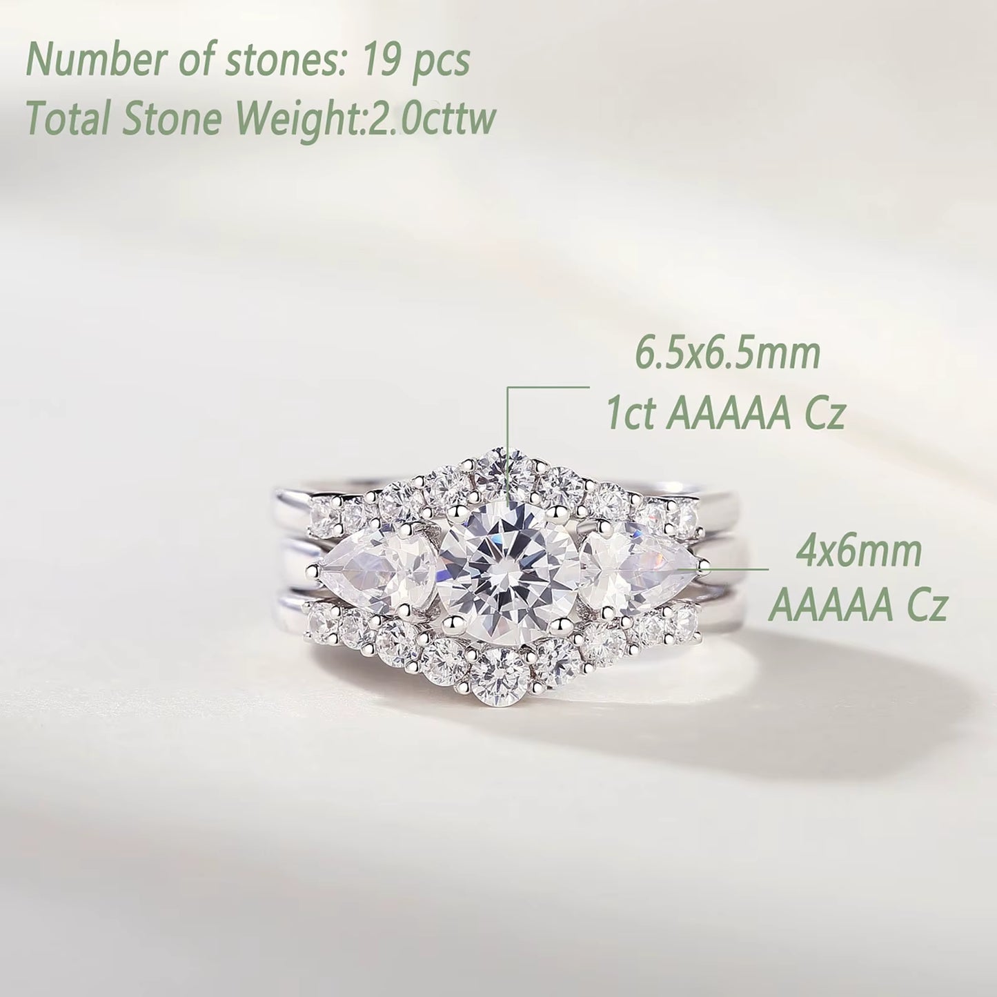 3Pcs Wedding Engagement Ring Set for Women Simulated Diamond round Pear Cut AAAAA CZ 925 Sterling Silver Fine Jewelry