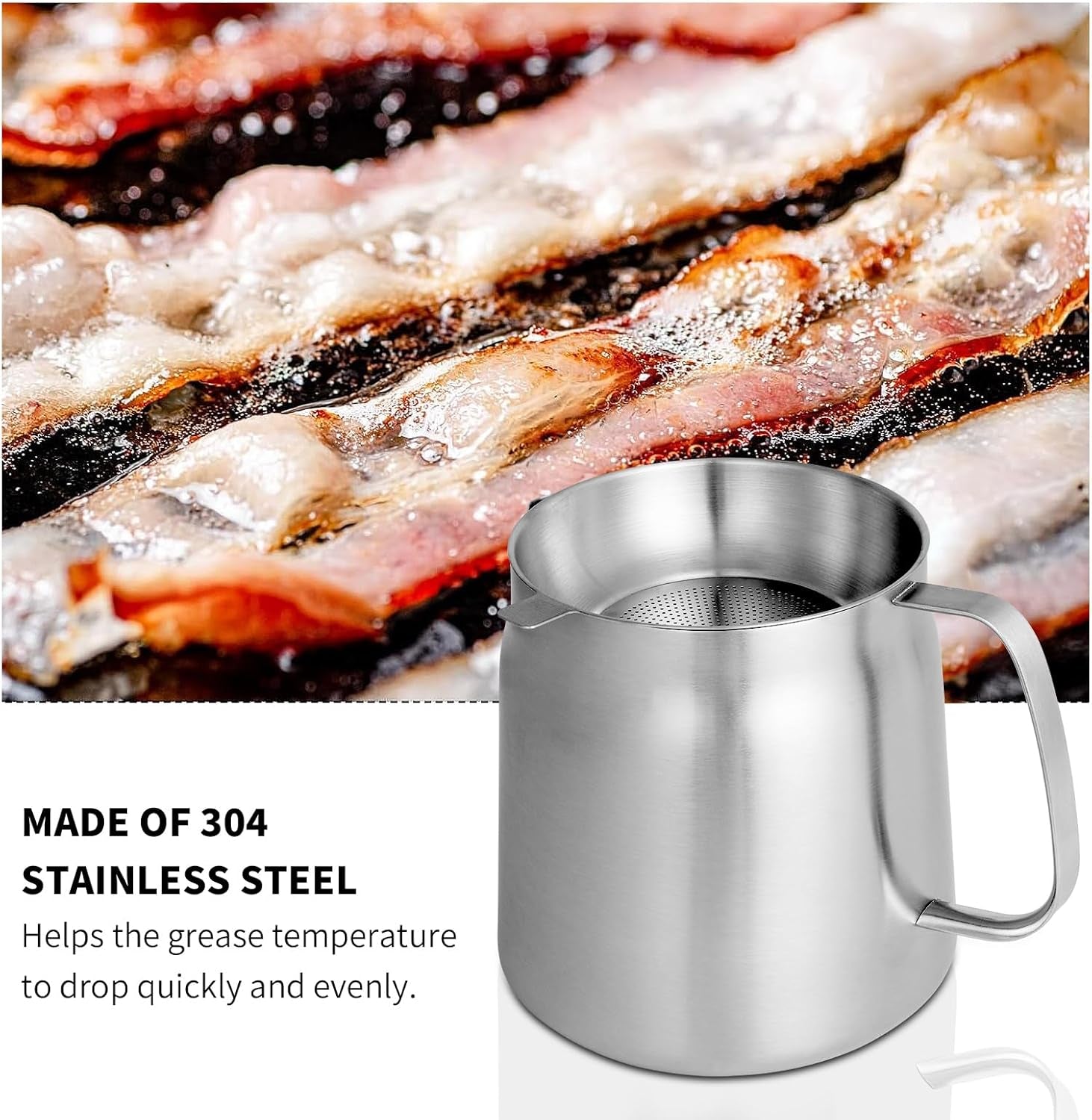 68Oz 304 Stainless Steel Oil Filter Pot Large Capacity Versatile Oil Filter Vessel Heavy Duty Stainless Steel Bacon Grease Container Multi-Function Frying Net Tank for Kitchen Camping (68Oz/2L)