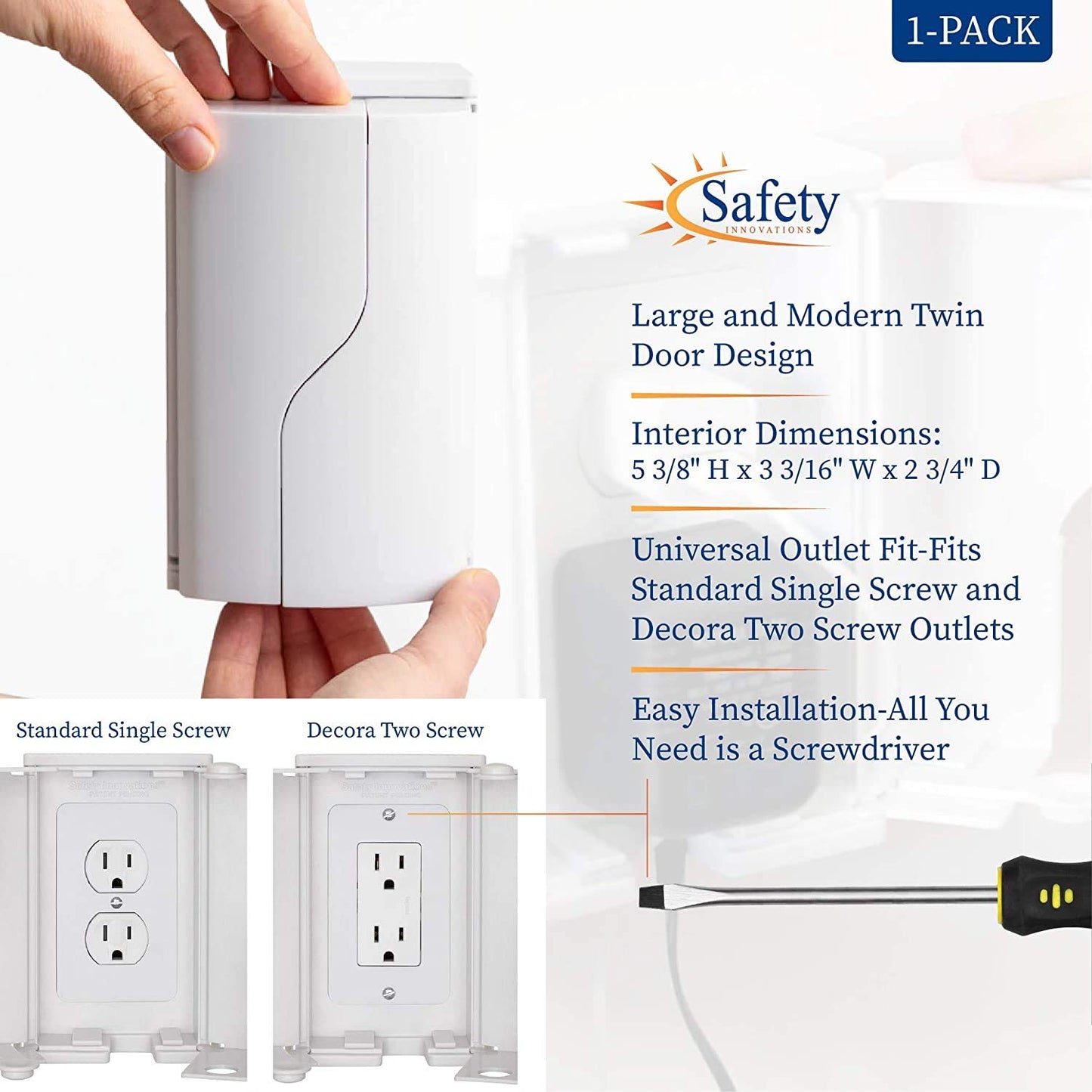 Twin Door Baby Safety Outlet Cover Box for Babyproofing Outlets - More Interior Space for Extra Large Electrical Plugs and Adapters - Easy to Install - Easy to Use, (1-Pack)