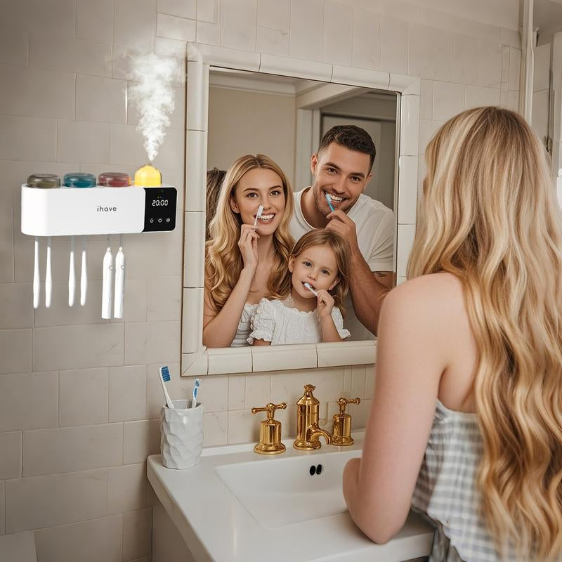 Ihave Toothbrush Holders with UV Toothbrush Sanitizer & Aromatherapy Diffuser - Turbo Air Heated Drying, Night Light & Clock - Wall-Mounted Bathroom Organizer , Stylish Decor & Storage