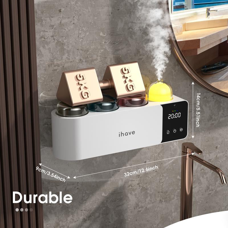 Ihave Toothbrush Holders with UV Toothbrush Sanitizer & Aromatherapy Diffuser - Turbo Air Heated Drying, Night Light & Clock - Wall-Mounted Bathroom Organizer , Stylish Decor & Storage