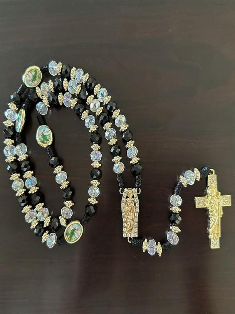 Rosary Saint Jude Virgin Mary Green Crystal Beads Catholic Necklace Cross Pendant Protection Blessing Charm Catholic Handmade Jewelry Gift Charms Car Hanging Charm Christmas Halloween Gift for Men Women