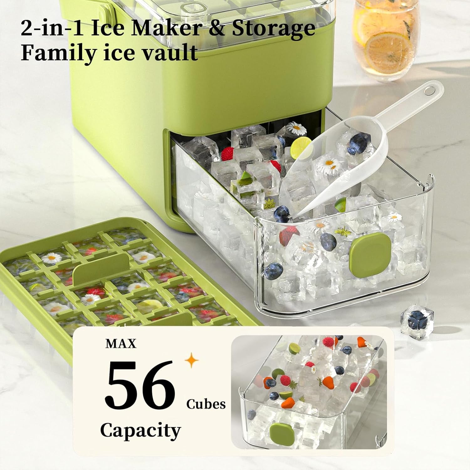 Compact Ice Cube Tray with Lid and Bin, with 2 round Ice Ball Molds, Bpa-Free, Easy Push-Release(Green)