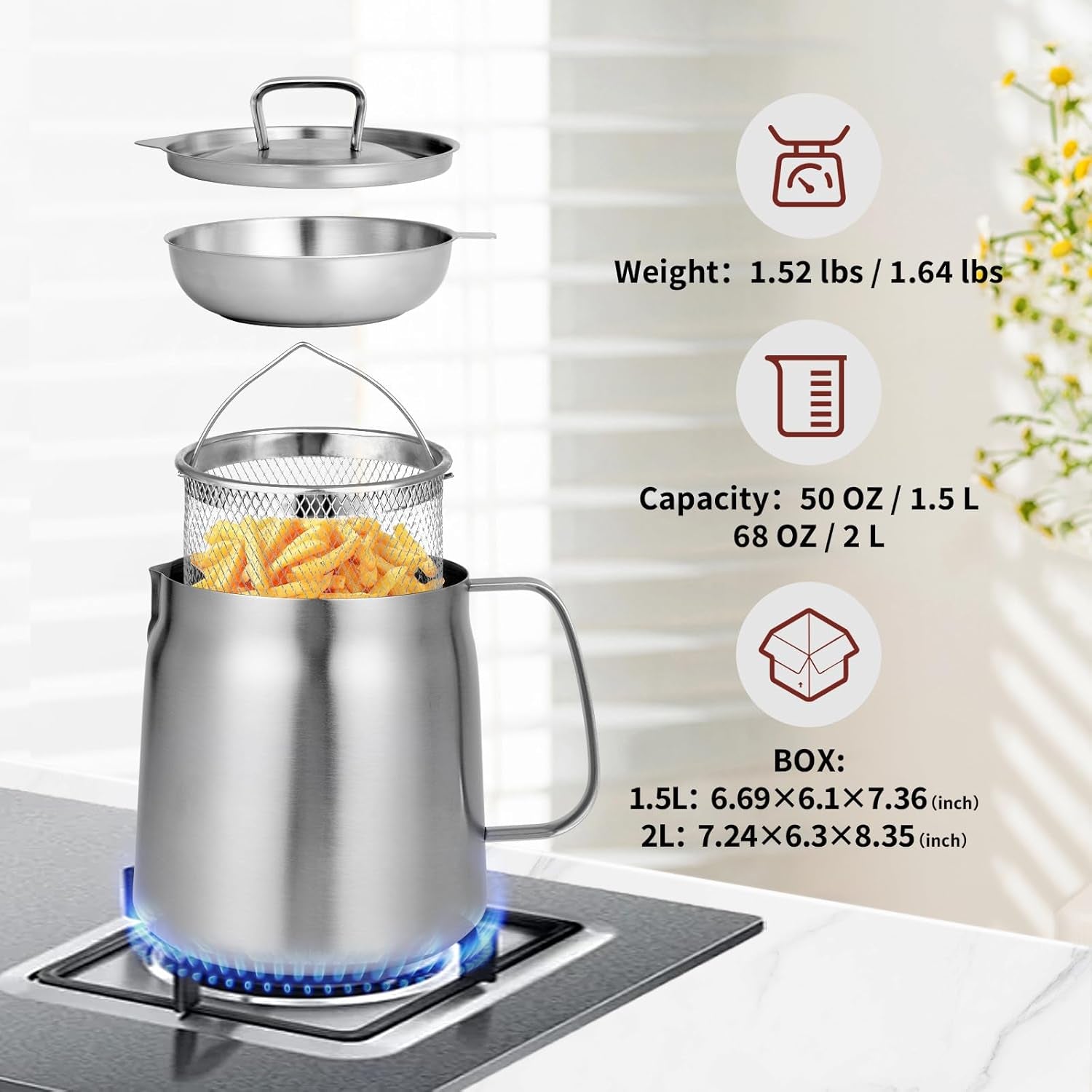 68Oz 304 Stainless Steel Oil Filter Pot Large Capacity Versatile Oil Filter Vessel Heavy Duty Stainless Steel Bacon Grease Container Multi-Function Frying Net Tank for Kitchen Camping (68Oz/2L)