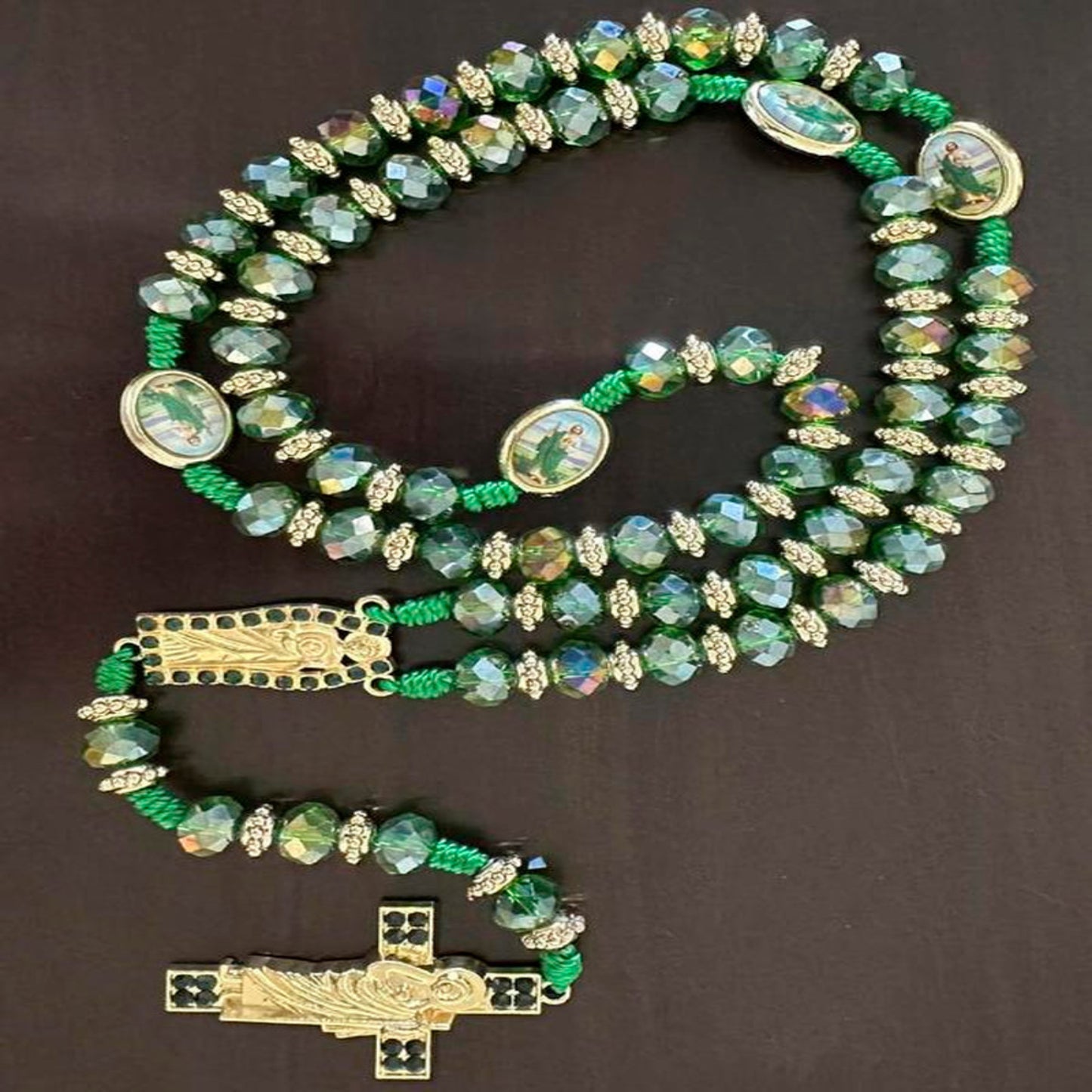 Rosary Saint Jude Virgin Mary Green Crystal Beads Catholic Necklace Cross Pendant Protection Blessing Charm Catholic Handmade Jewelry Gift Charms Car Hanging Charm Christmas Halloween Gift for Men Women