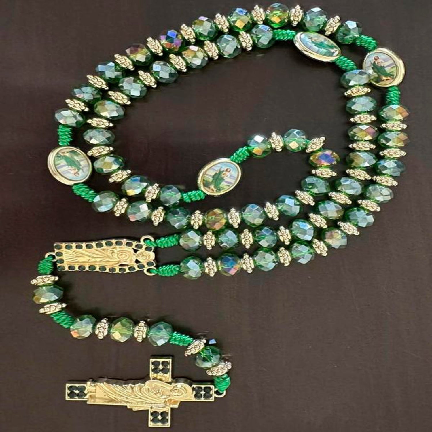 Rosary Saint Jude Virgin Mary Green Crystal Beads Catholic Necklace Cross Pendant Protection Blessing Charm Catholic Handmade Jewelry Gift Charms Car Hanging Charm Christmas Halloween Gift for Men Women