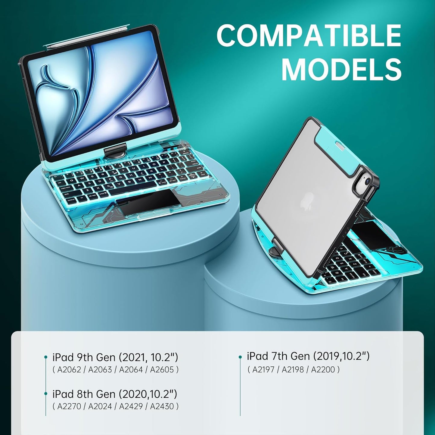 Transparent Case with Wireless Keyboard for Ipad 10.2-In (7Th, 8Th, and 9Th Gen), 7 Colors Backlight, Trackpad, 360°Rotating Stand, Tech Style