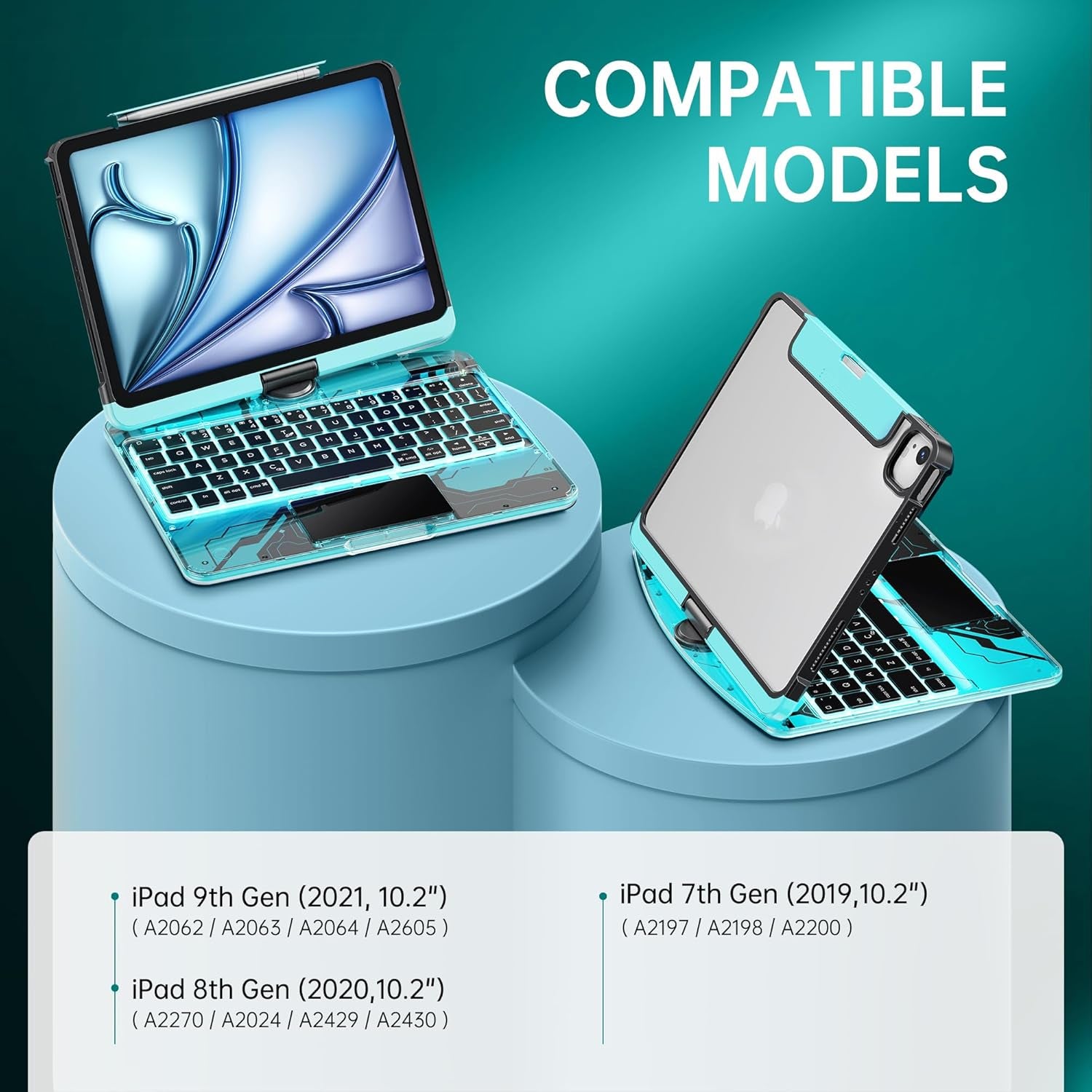 Transparent Case with Wireless Keyboard for Ipad 10.2-In (7Th, 8Th, and 9Th Gen), 7 Colors Backlight, Trackpad, 360°Rotating Stand, Tech Style