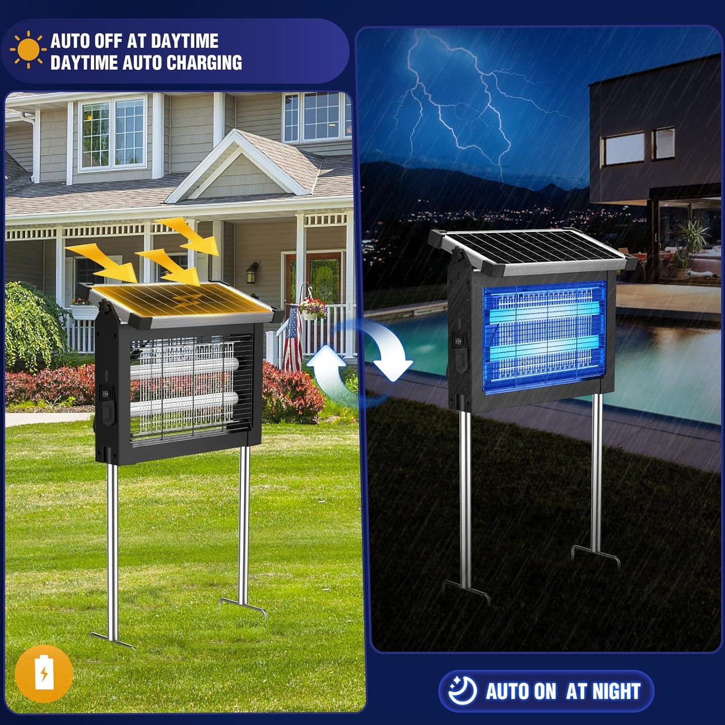 Solar Bug Zapper Outdoor, Wireless Portable Camping Mosquito Zapper with Panel Sensor, Fly Traps with 10FT Extension Cord, Fly Zapper, Mosquito Killer, Electric Trap Ideal for Home, Patio, Backyard