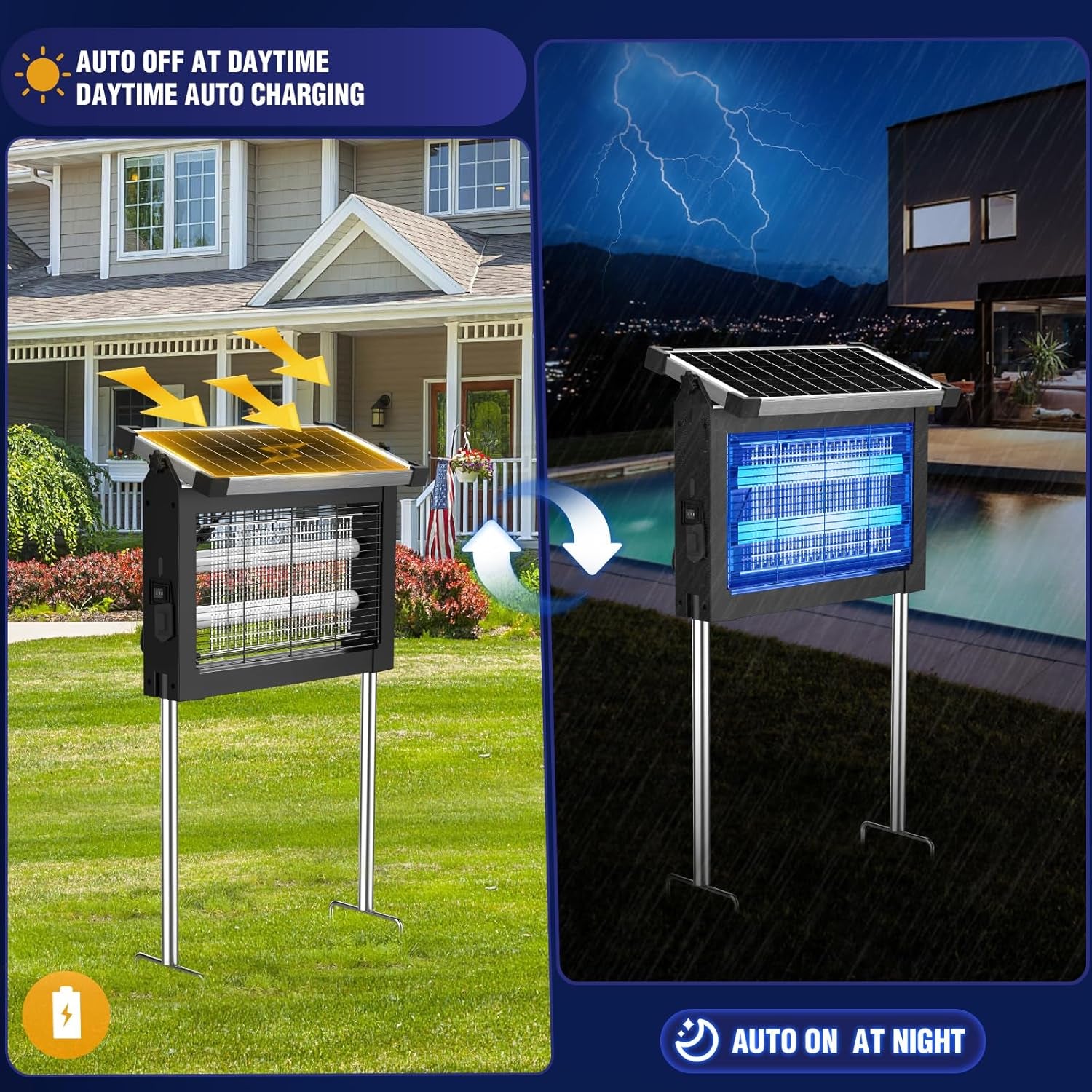 Solar Bug Zapper Outdoor, Wireless Portable Camping Mosquito Zapper with Panel Sensor, Fly Traps with 10FT Extension Cord, Fly Zapper, Mosquito Killer, Electric Trap Ideal for Home, Patio, Backyard
