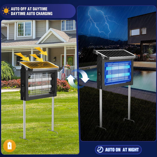 Solar Bug Zapper Outdoor, Wireless Portable Camping Mosquito Zapper with Panel Sensor, Fly Traps with 10FT Extension Cord, Fly Zapper, Mosquito Killer, Electric Trap Ideal for Home, Patio, Backyard
