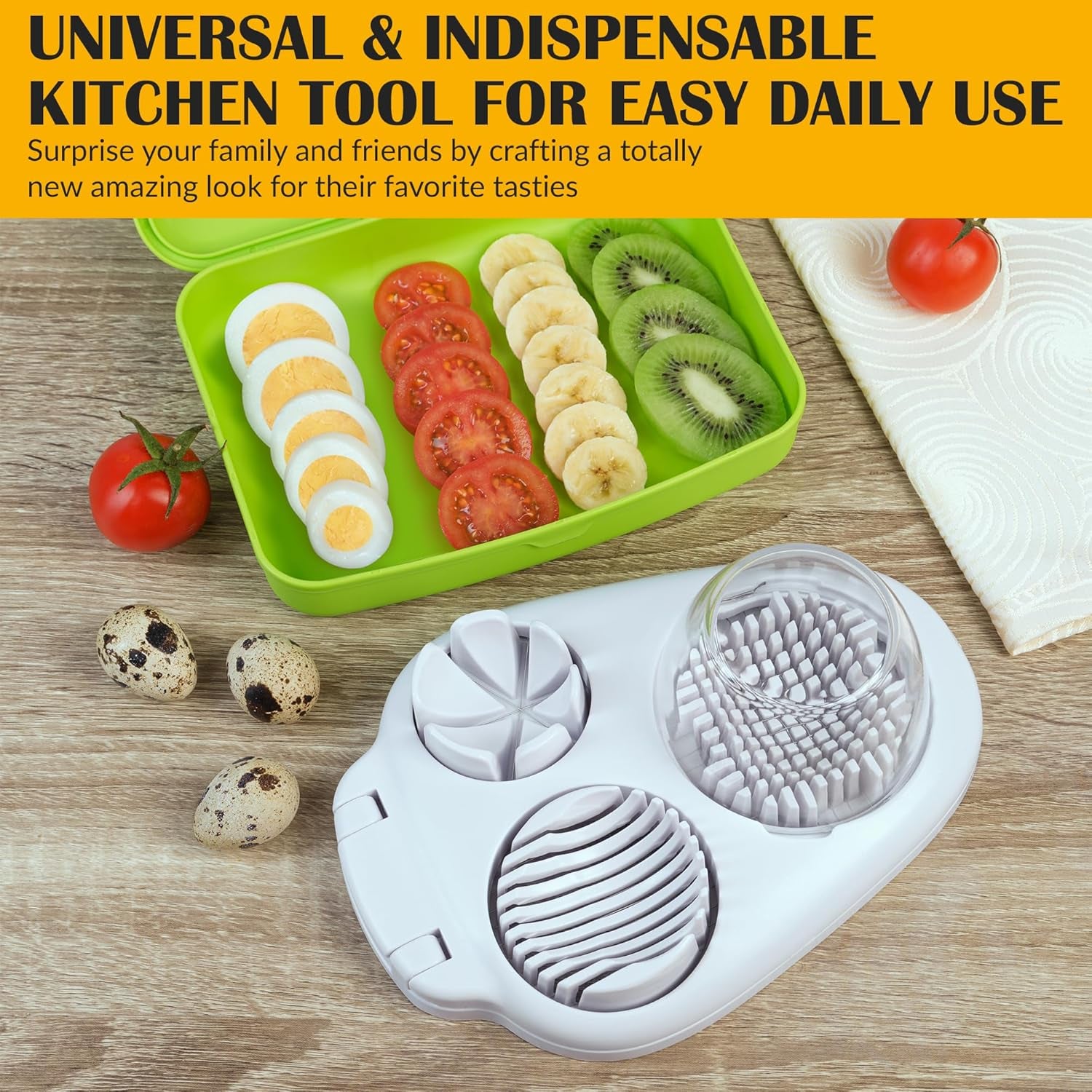 Egg Slicer for Hard Boiled Eggs - 3 Slice Modes Egg Cutter, Heavy Duty, Stainless Steel Dicer - Kitchen Chopper Tool for Strawberry, Mushroom, Grape, Cherry Tomato - White
