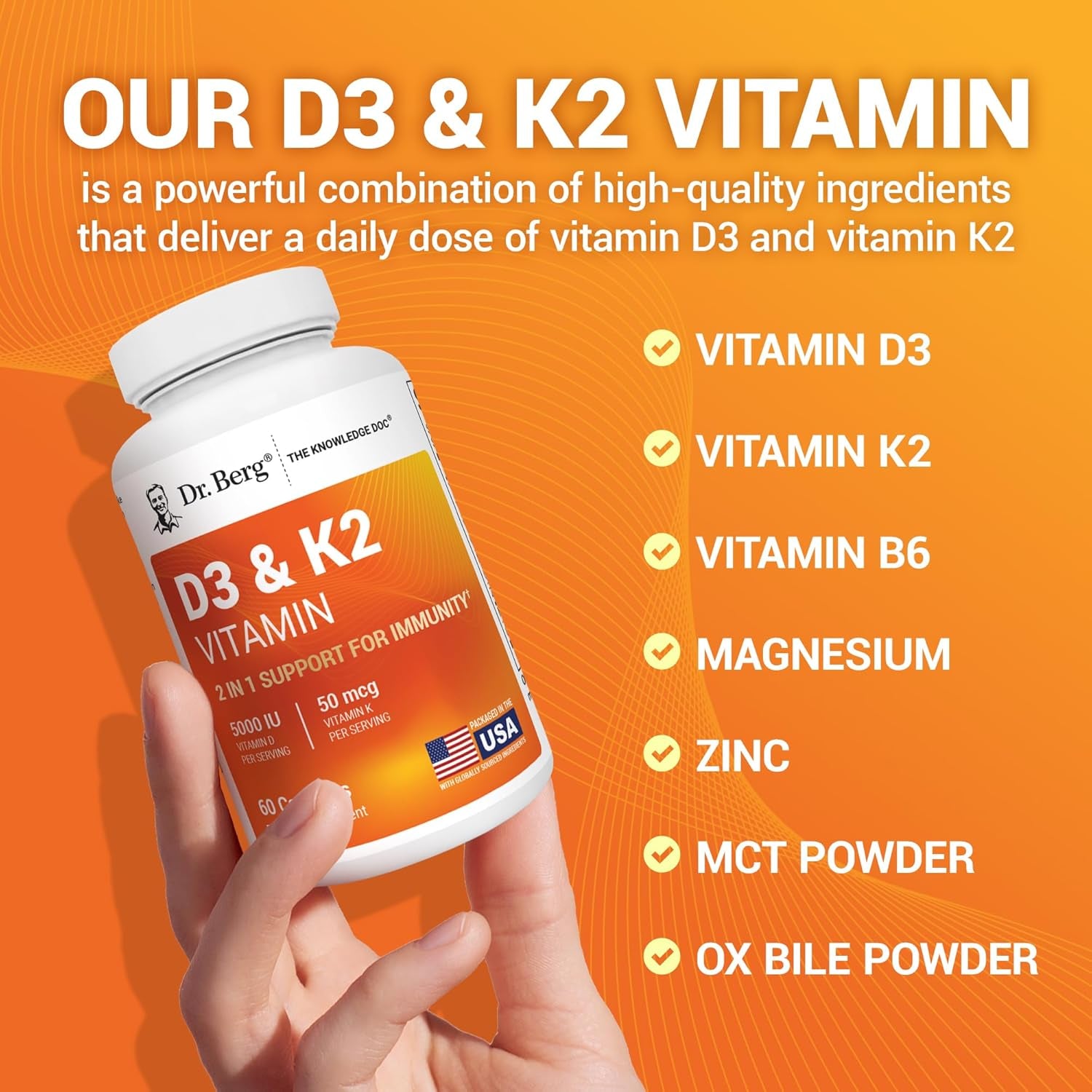 Dr. Berg Maximum Strength 7-In-1 Vitamin D3 K2 5000 IU | Naturally Derived D3 | 4X Lab-Tested & Verified | High Absorption Formula | K2 D3 Vitamin Supplement - 60 Capsules