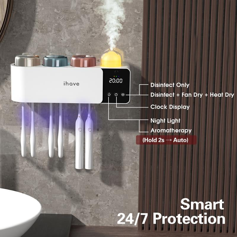 Ihave Toothbrush Holders with UV Toothbrush Sanitizer & Aromatherapy Diffuser - Turbo Air Heated Drying, Night Light & Clock - Wall-Mounted Bathroom Organizer , Stylish Decor & Storage