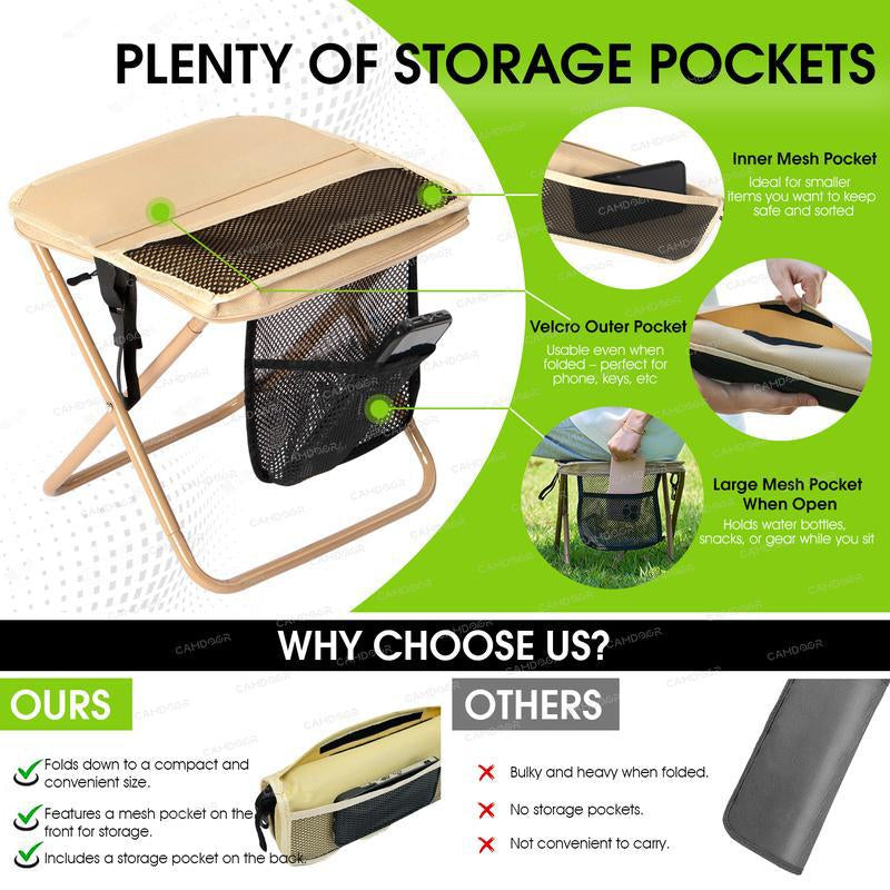 Portable Outdoor Folding Chair with Shoulder Strap, 1.5 Lbs Ultra Light, Max Load Capacity 500Lbs, Two Side Pockets & Velcro Storage, for Queuing, Fishing, Hiking Tours, BBQ, Parties, Elderly, Camping Equipment, Camping Supplies, Camping Chairs