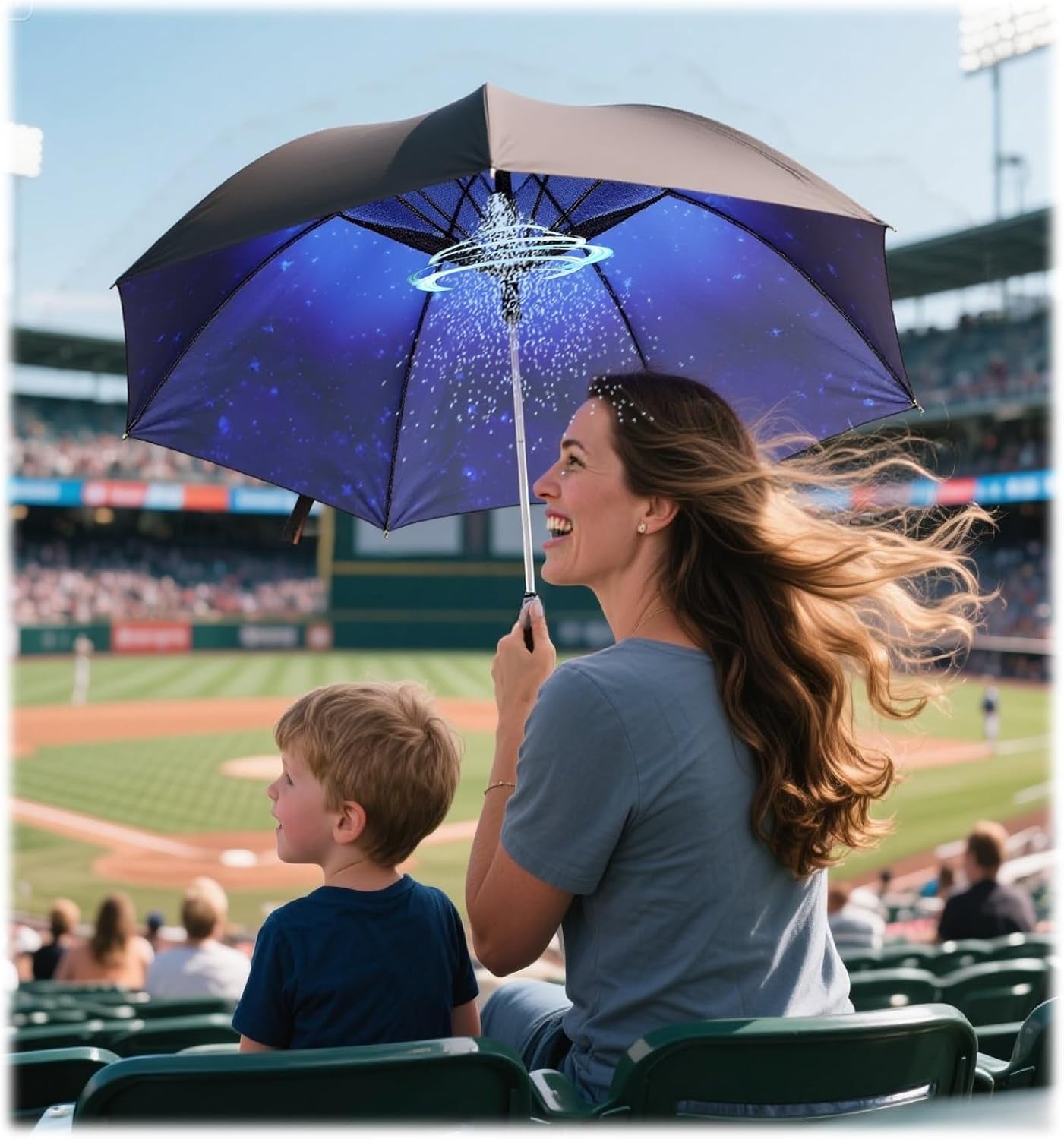 Umbrella with Fan and Mist Spray, 2025 Upgraded UV Blocking Umbrella with Fan and Mister for Summer Outdoor Activities