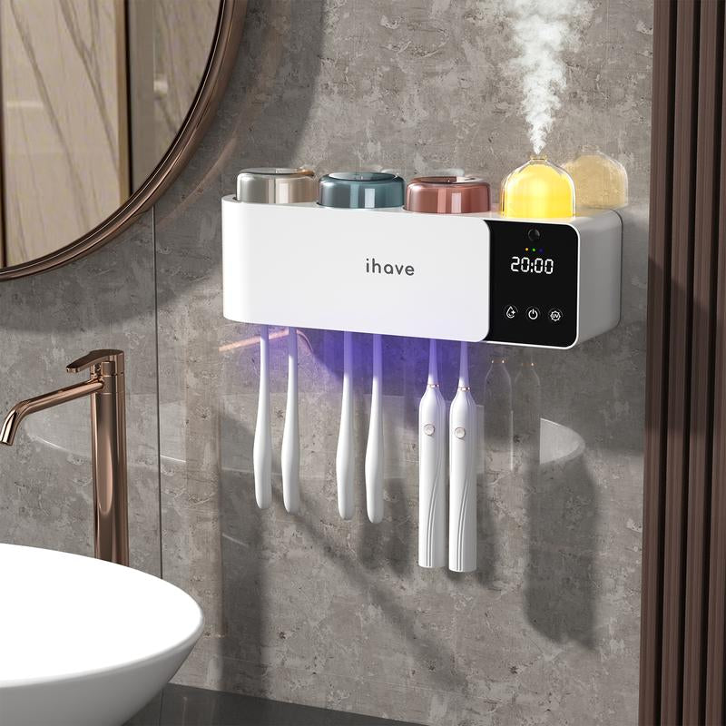 Ihave Toothbrush Holders with UV Toothbrush Sanitizer & Aromatherapy Diffuser - Turbo Air Heated Drying, Night Light & Clock - Wall-Mounted Bathroom Organizer , Stylish Decor & Storage
