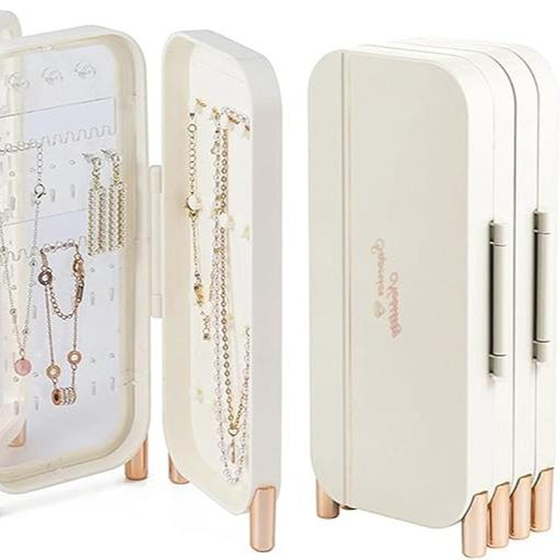 Foldable Jewelry Organizer Box for Women - 4-Layer Dustproof Earring Organizer & Rings Organizer with Mirror, Space-Saving Design