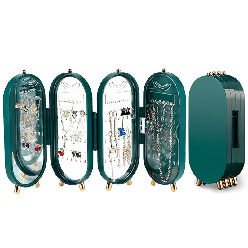 Green Foldable Jewelry Organizer with Mirror, 4-Tier Dustproof Display Box for Earrings and Necklaces, Features 153 Slots