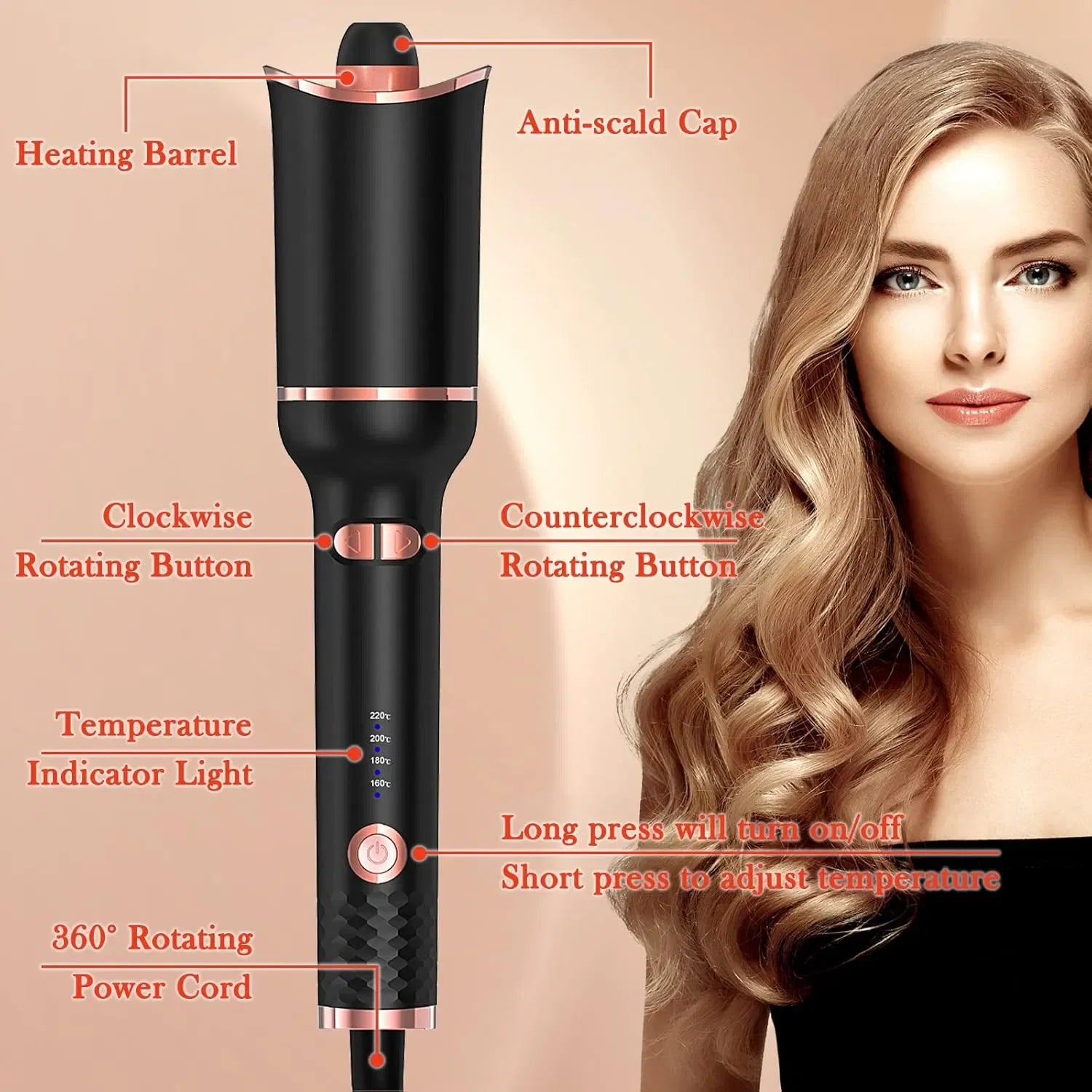 Automatic Curling Iron, Ceramic Ionic Auto-Rotating Hair Curling Wand with Anti-Stuck Technology - Black