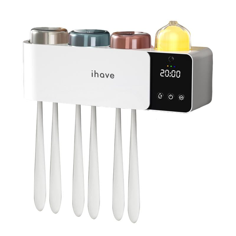 Ihave Toothbrush Holders with UV Toothbrush Sanitizer & Aromatherapy Diffuser - Turbo Air Heated Drying, Night Light & Clock - Wall-Mounted Bathroom Organizer , Stylish Decor & Storage