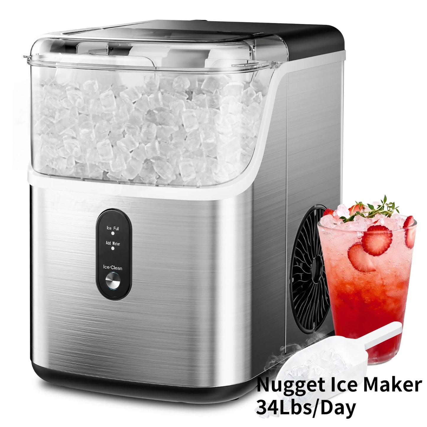 Built in ice maker producing fresh nugget ice on kitchen countertop