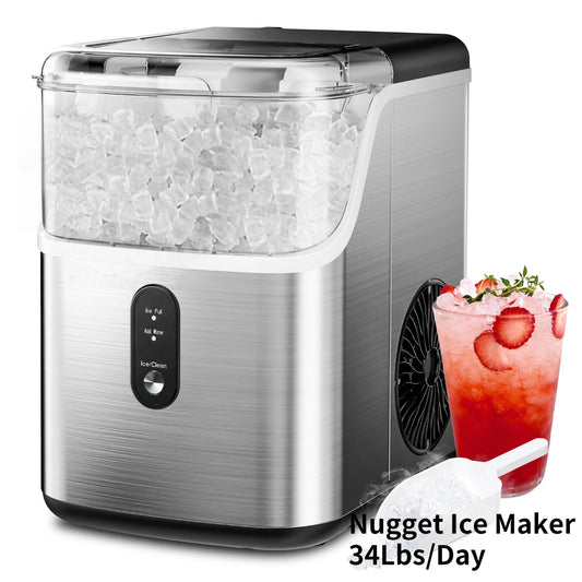 Built in ice maker producing fresh nugget ice on kitchen countertop