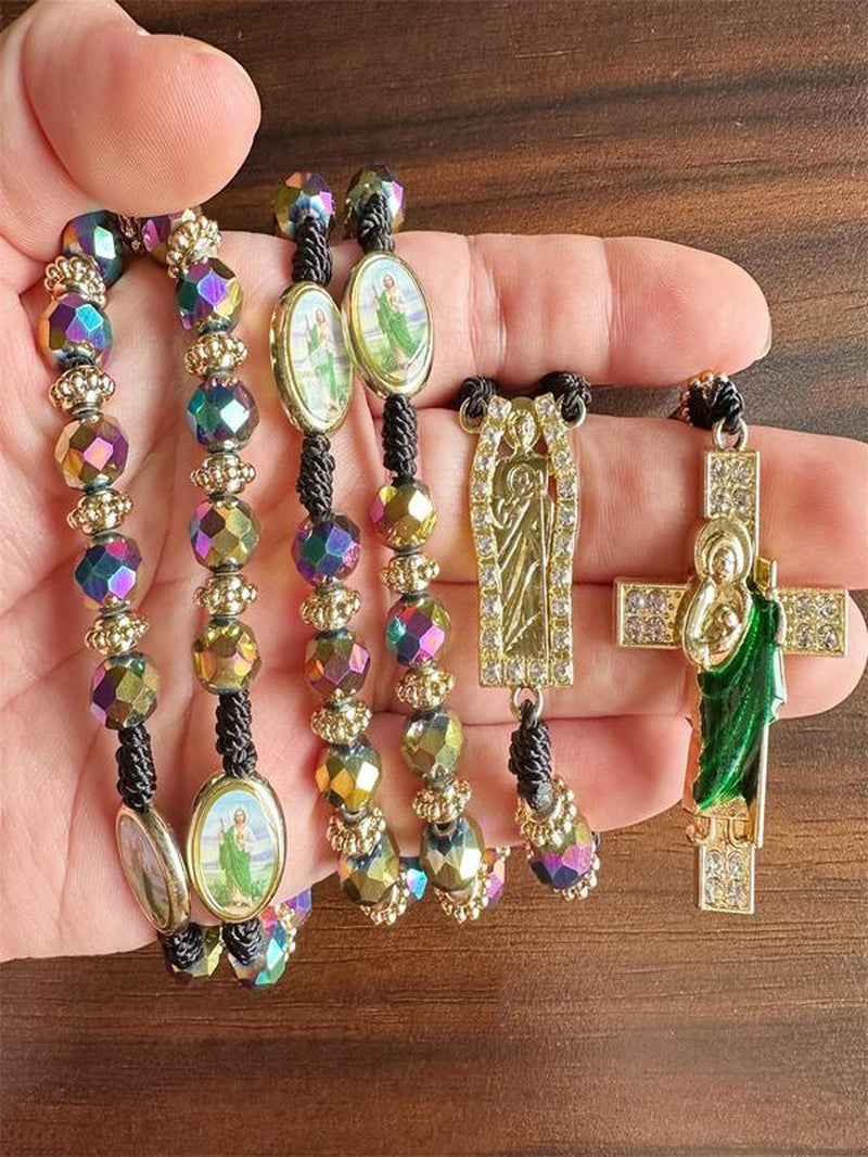 Rosary Saint Jude Virgin Mary Green Crystal Beads Catholic Necklace Cross Pendant Protection Blessing Charm Catholic Handmade Jewelry Gift Charms Car Hanging Charm Christmas Halloween Gift for Men Women