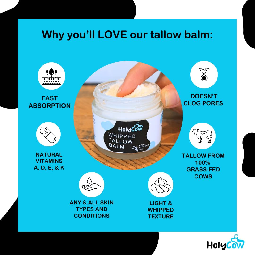 Beef Tallow for Skin - Whipped Tallow Balm with Organic Jojoba Oil (Unscented/Herb-Infused), Grass Fed Beef Tallow Face Moisturizer for Eczema, Baby, Lip Balm - Lotion for Extremely Dry Skin