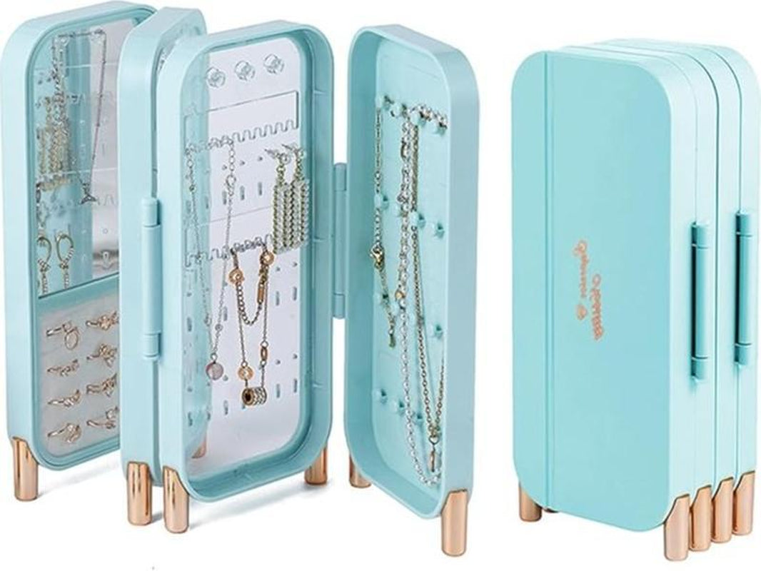 Foldable Jewelry Organizer Box for Women - 4-Layer Dustproof Earring Organizer & Rings Organizer with Mirror, Space-Saving Design
