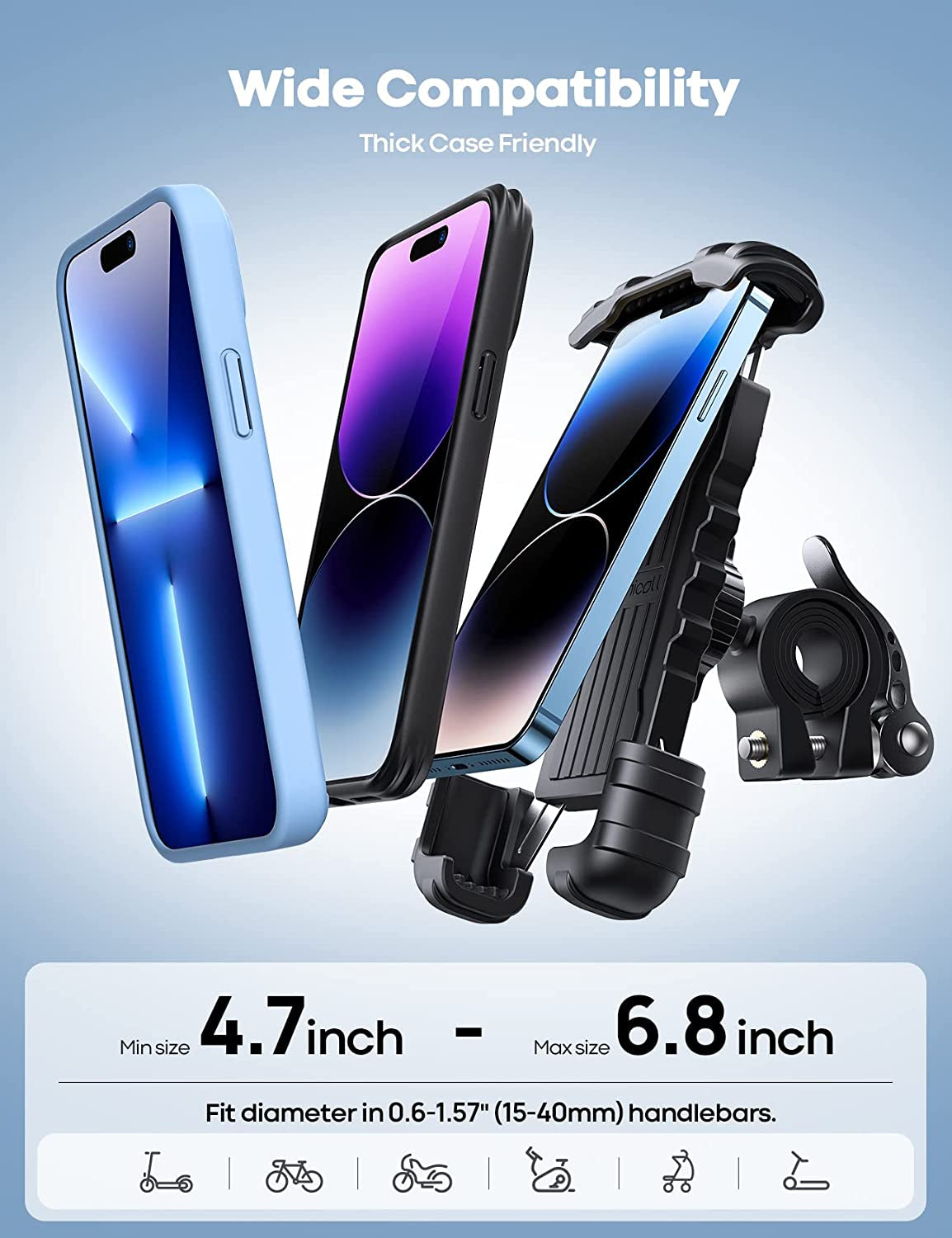 Bike Phone Holder, Motorcycle Mount - Motorcycle Phone Holder, Handlebar Cell Phone Clamp, Scooter Phone Clip for Iphone 16 Pro Max/Plus, 15 Pro Max, S10, S20, More 4.7" to 6.8" Smartphones