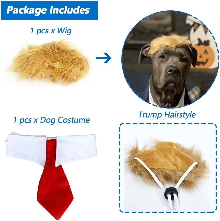Trump Style Pet Costume Dog Wig, Dog Clothes with Collar & Tie Head Wear Apparel Toy for Halloween, Christmas, Parties, Festivals (Brown with Tie)