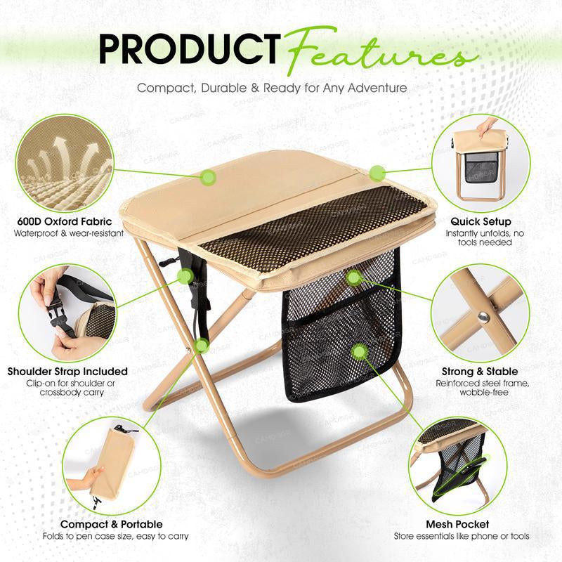 Portable Outdoor Folding Chair with Shoulder Strap, 1.5 Lbs Ultra Light, Max Load Capacity 500Lbs, Two Side Pockets & Velcro Storage, for Queuing, Fishing, Hiking Tours, BBQ, Parties, Elderly, Camping Equipment, Camping Supplies, Camping Chairs