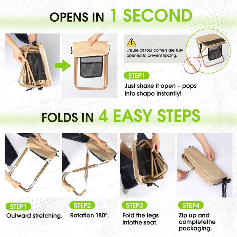 Portable Outdoor Folding Chair with Shoulder Strap, 1.5 Lbs Ultra Light, Max Load Capacity 500Lbs, Two Side Pockets & Velcro Storage, for Queuing, Fishing, Hiking Tours, BBQ, Parties, Elderly, Camping Equipment, Camping Supplies, Camping Chairs