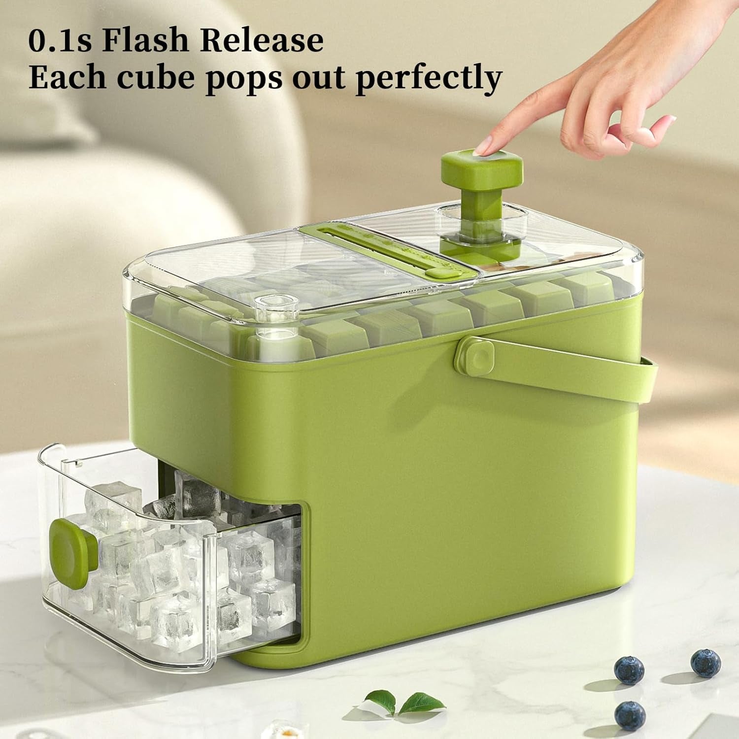 Compact Ice Cube Tray with Lid and Bin, with 2 round Ice Ball Molds, Bpa-Free, Easy Push-Release(Green)