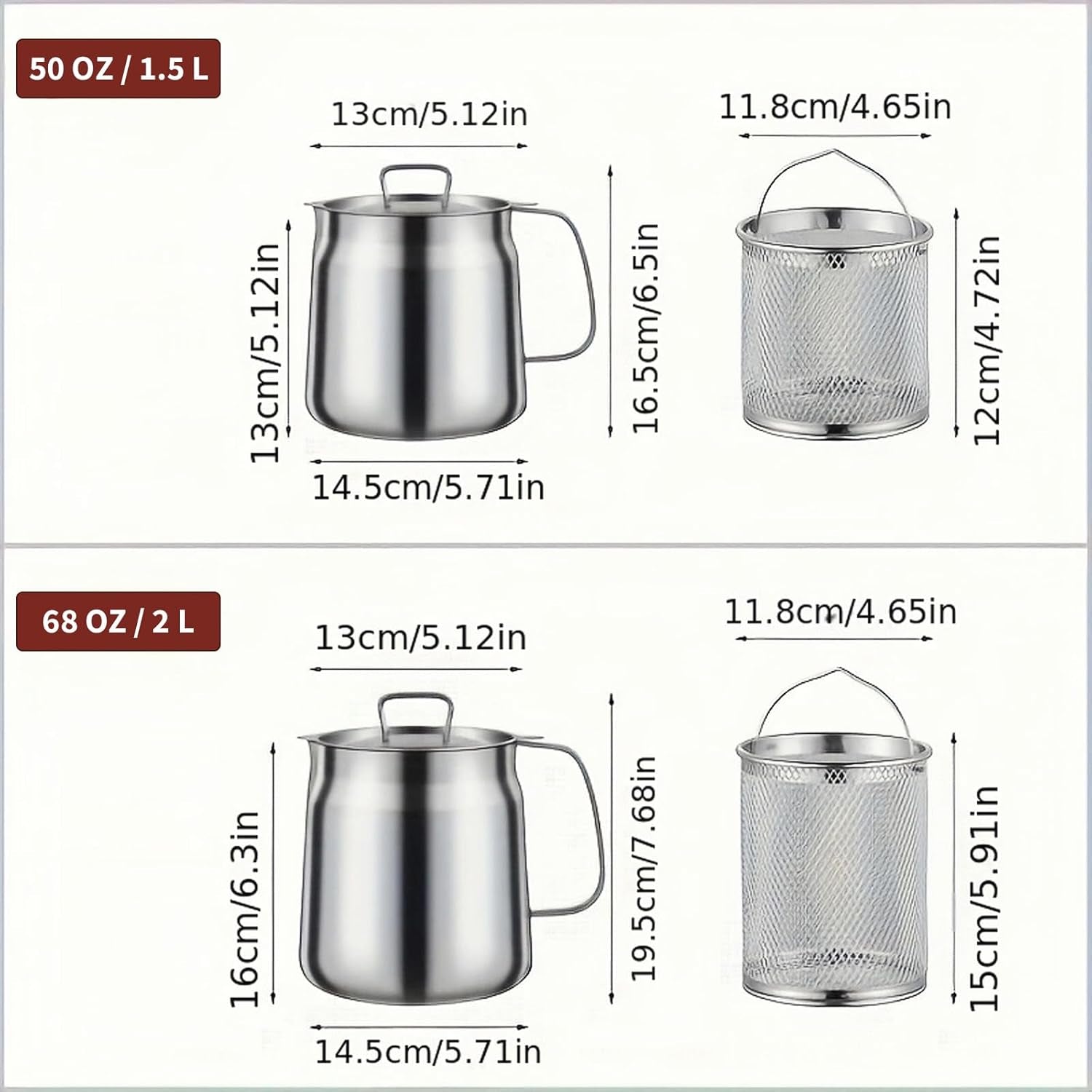 68Oz 304 Stainless Steel Oil Filter Pot Large Capacity Versatile Oil Filter Vessel Heavy Duty Stainless Steel Bacon Grease Container Multi-Function Frying Net Tank for Kitchen Camping (68Oz/2L)