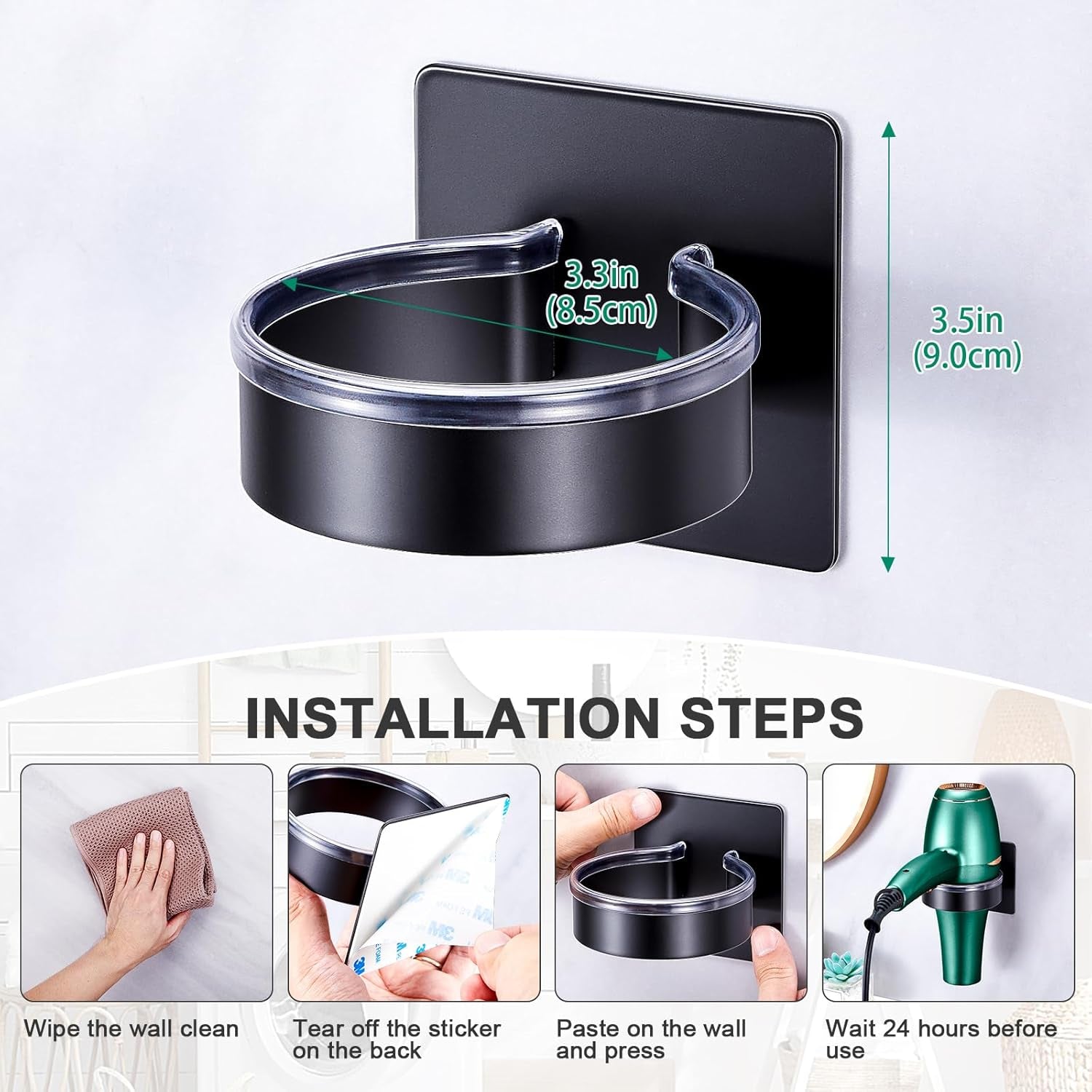 Blow Dryer Holder Wall Mounted, Black Hair Dryer Holder, Stainless Steel Blow Dryer Organizer, Hair Tool Organizer for Hair Dryer Hanger, Adhesive Hair Dryer Storage for Bathroom Barber Shop
