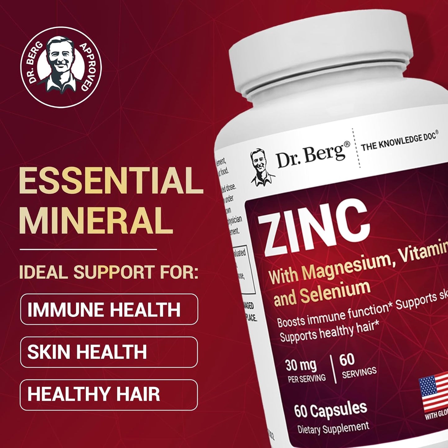 Supplement facts of chelated zinc supplement with magnesium, vitamin D3, B6, folate, copper, and selenium