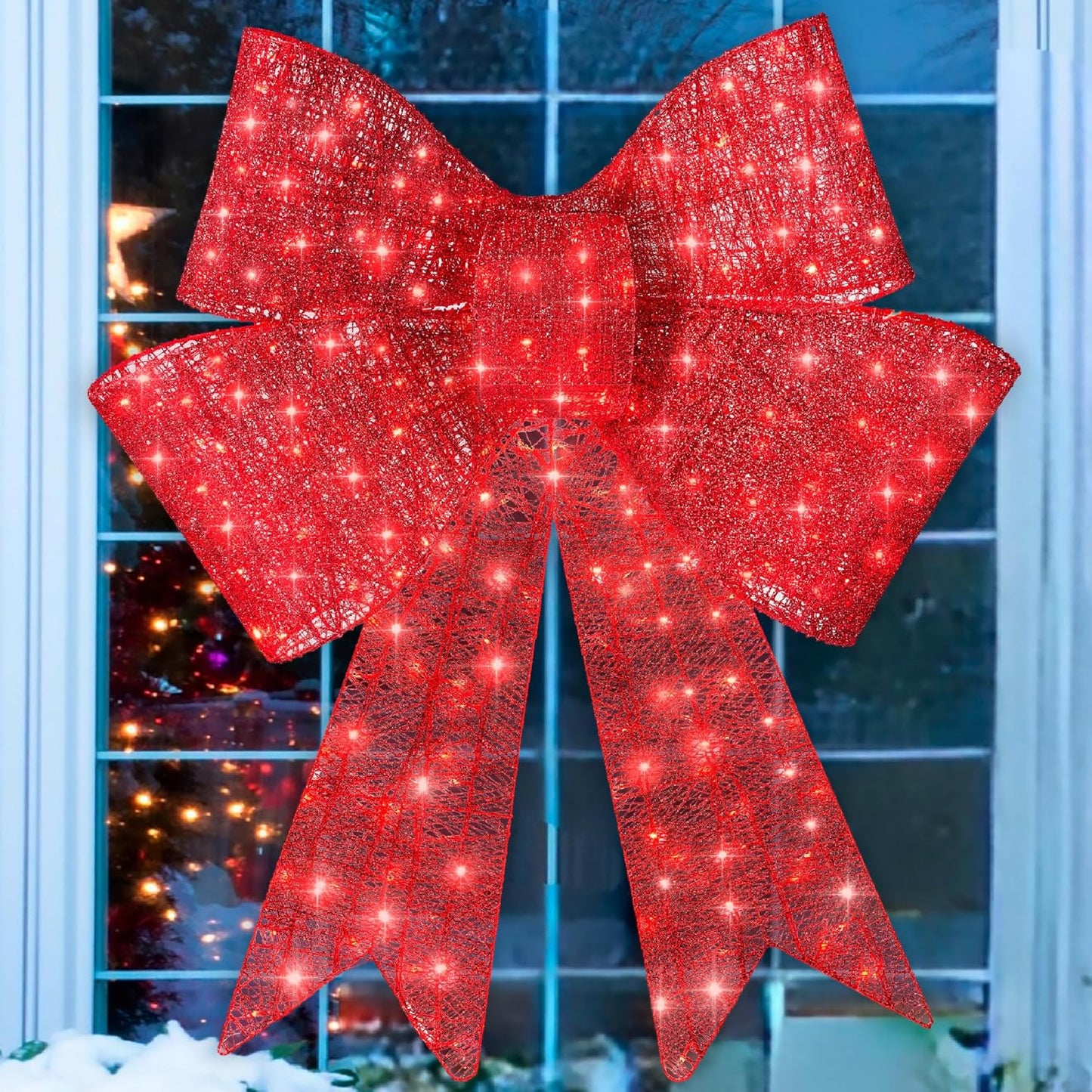 Large lighted Christmas bow with red LED lights for front door decoration